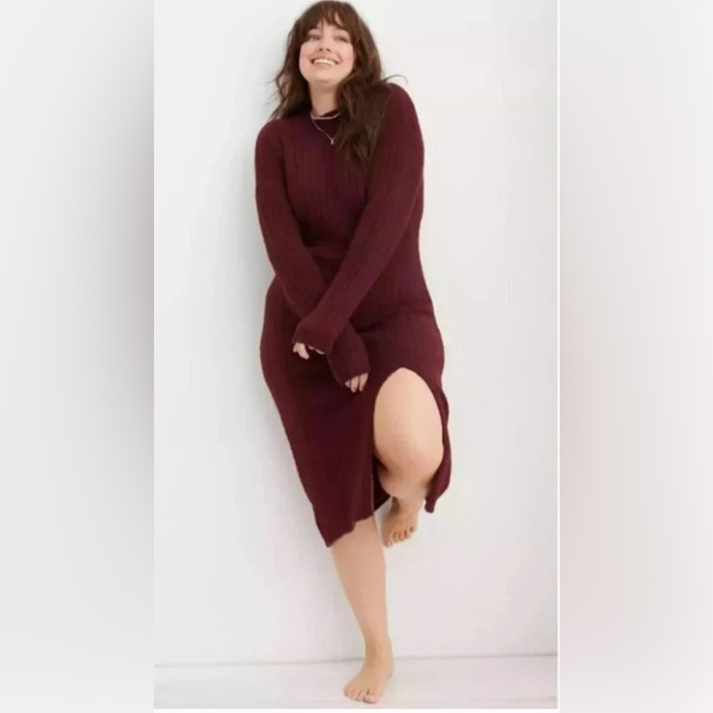 AERIE Sz S Ribbed Sweater Dress Midi Mock Neck Side Slit Long Sleevee Ribbed NEW